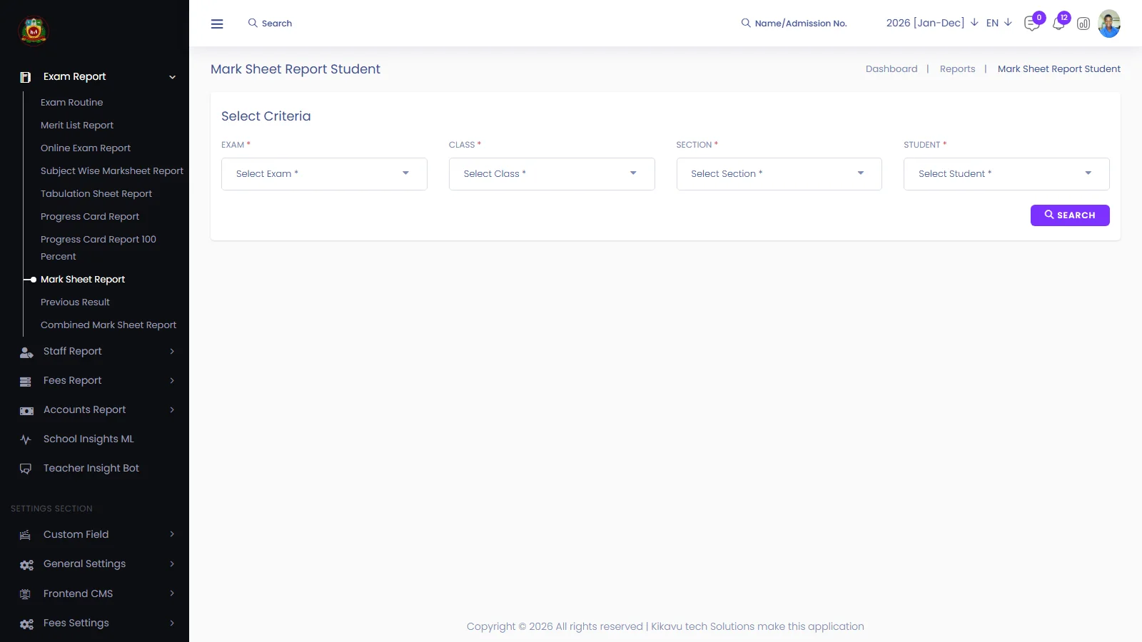 Popatlal Schools exam report builder criteria screen